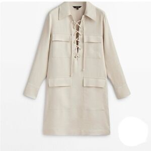 Massimo Dutti Tie Up Pocket Dress Khaki‎ S NWT